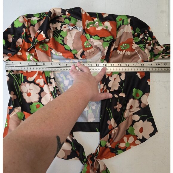 Vtg 60s XS 2 Pc SET Pants Sheer Crop Shirt Hi Waist Flares FLOWER POWER Outfit - Picture 11 of 13